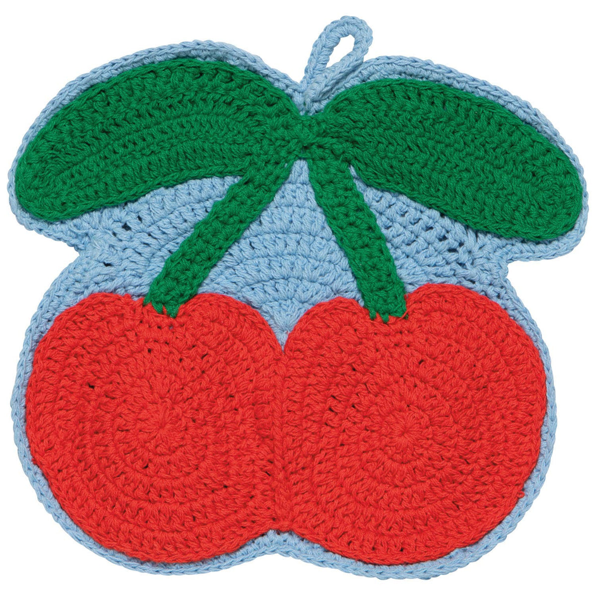 Crocheted trivet shaped like cherries with a green leaf on a white background