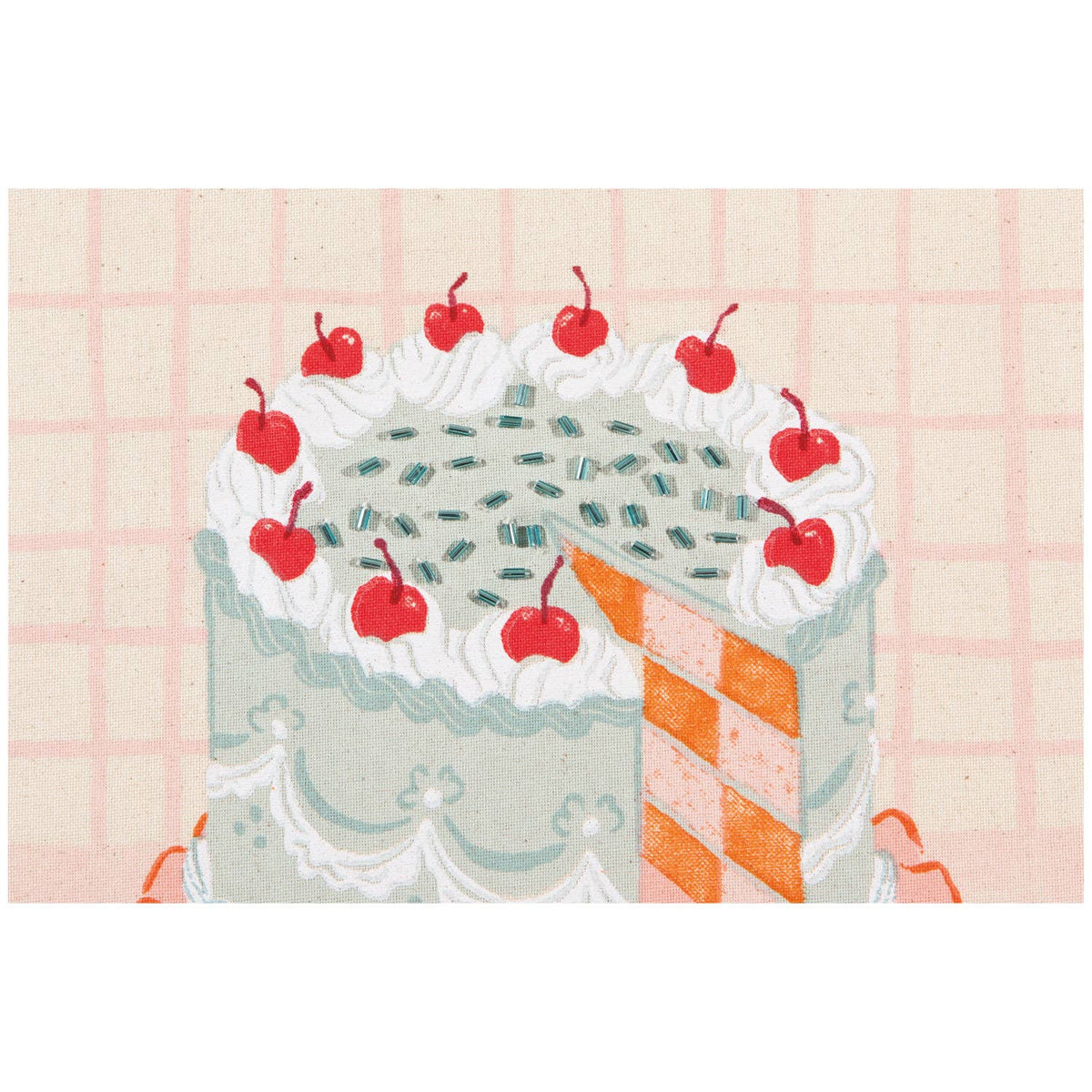 Illustration of a cake with whipped cream and cherries on a checkered background