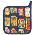 Potholder with jarred vegetables design on a blue background