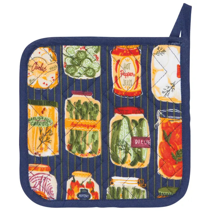 Potholder with jarred vegetables design on a blue background