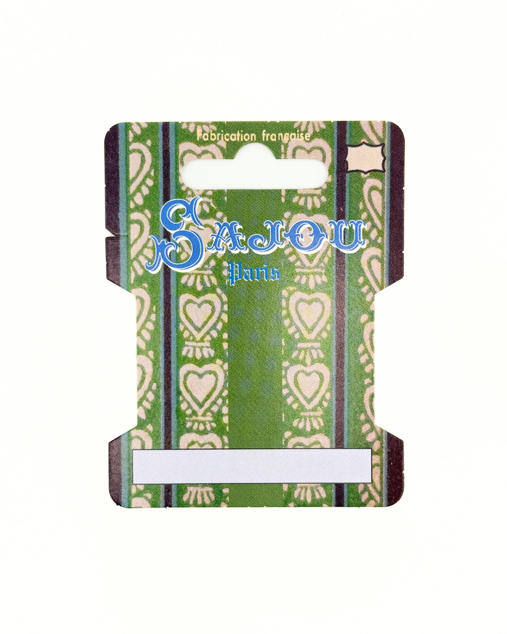 Sajou brand storage thread card with a green and purple pattern on a white background