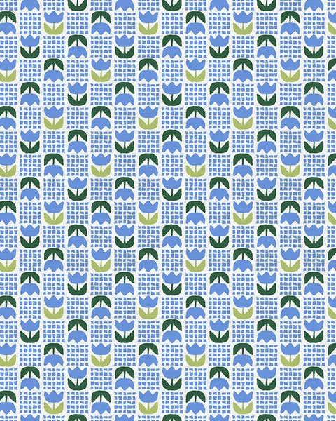 A repeating mid-century modern pattern featuring blue tulips with green leaves and white grid-like building silhouettes on a light blue background.
