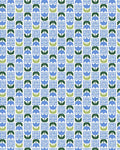 A repeating mid-century modern pattern featuring blue tulips with green leaves and white grid-like building silhouettes on a light blue background.