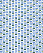 A repeating mid-century modern pattern featuring blue tulips with green leaves and white grid-like building silhouettes on a light blue background.