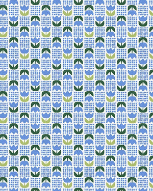 A repeating mid-century modern pattern featuring blue tulips with green leaves and white grid-like building silhouettes on a light blue background.