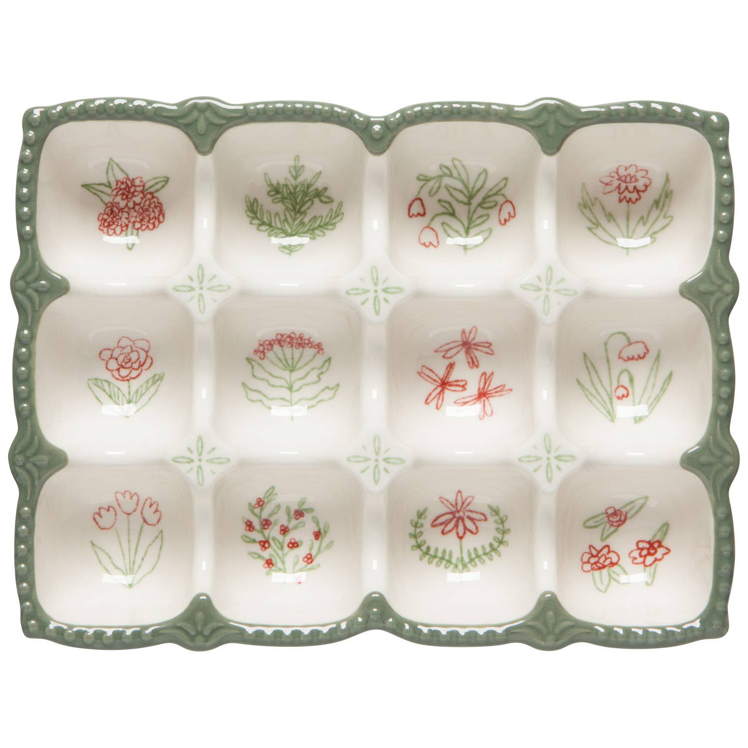 Decorative ceramic egg tray with floral patterns on a white background