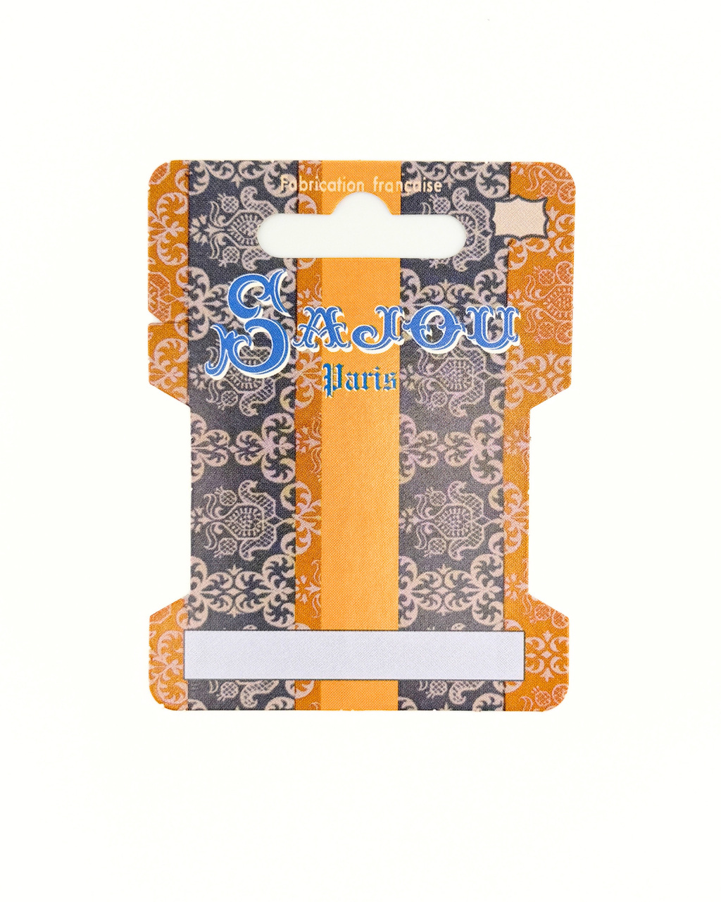 Sajou brand storage thread card with orange and purple pattern on a white background