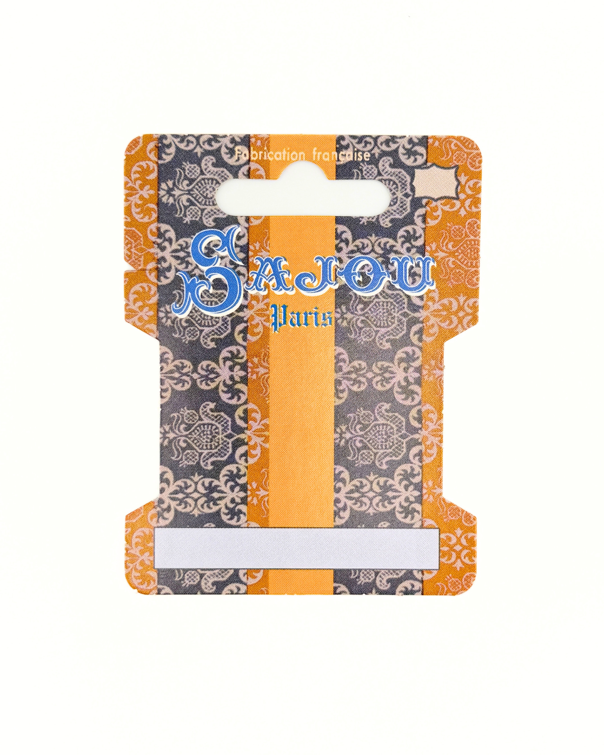 Sajou brand storage thread card with orange and purple pattern on a white background
