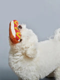 White dog holding a hot dog-shaped knitted toy on a gray background