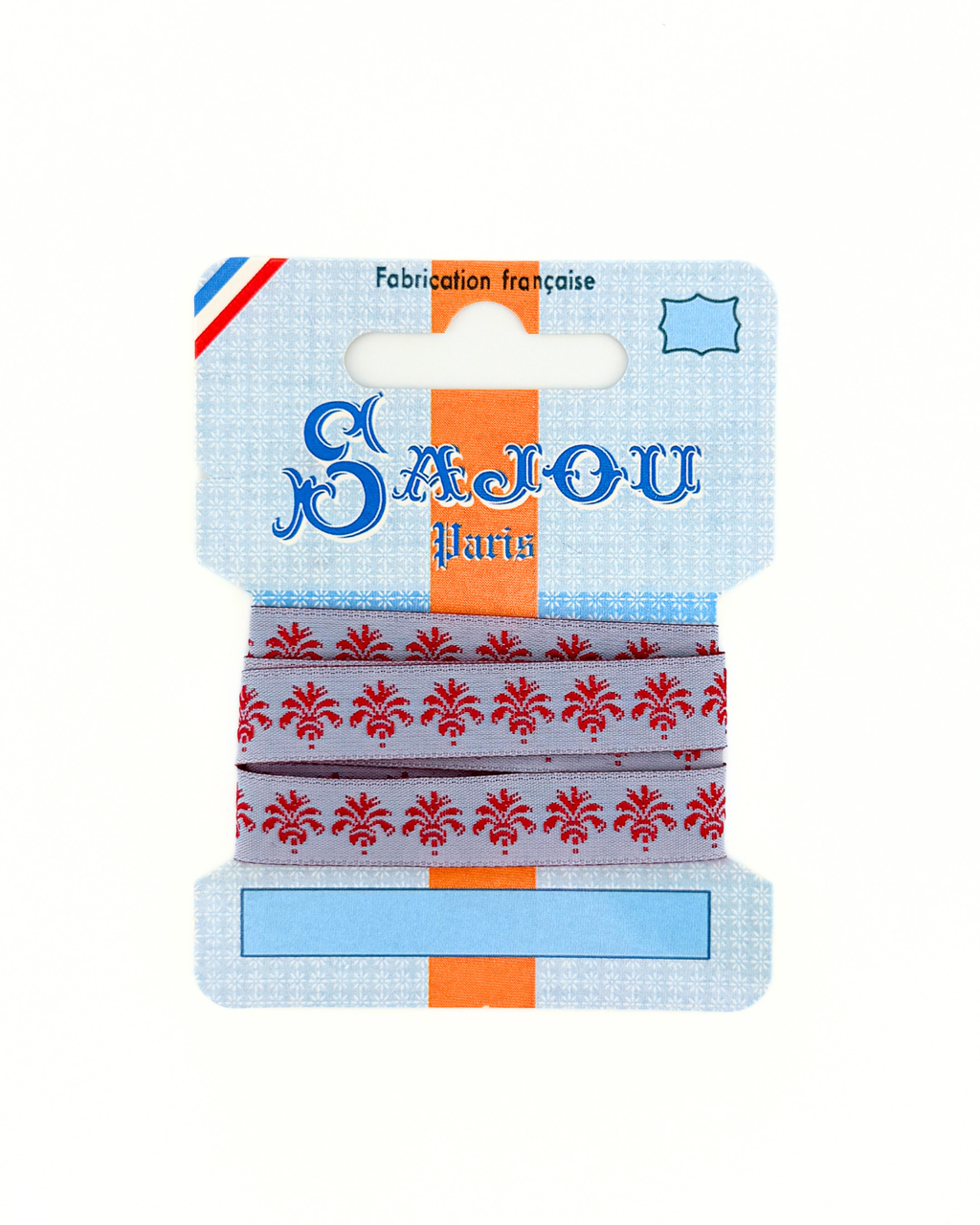 Blue and red Sajou ribbon on a white background