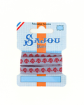 Blue and red Sajou ribbon on a white background
