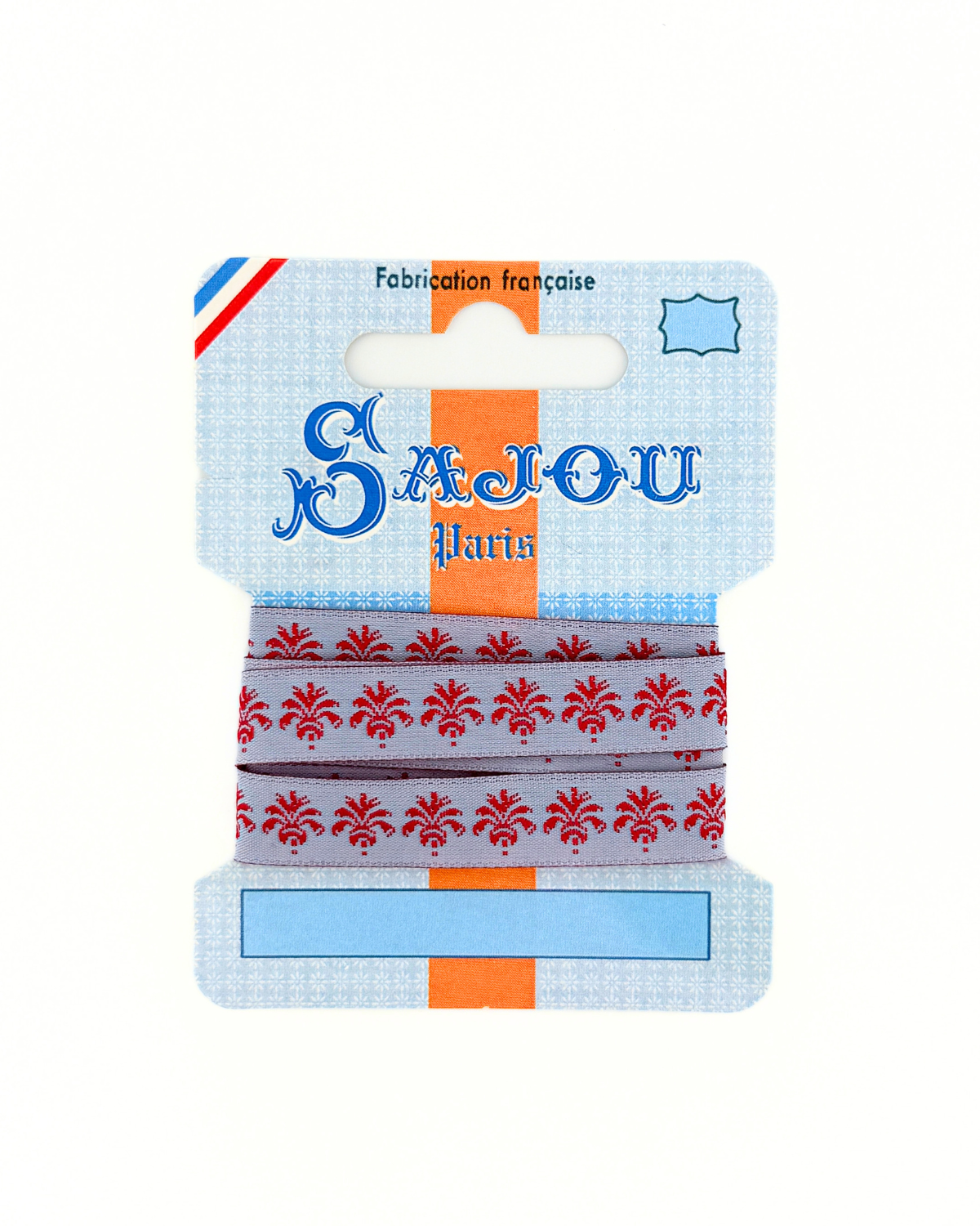 Blue and red Sajou ribbon on a white background