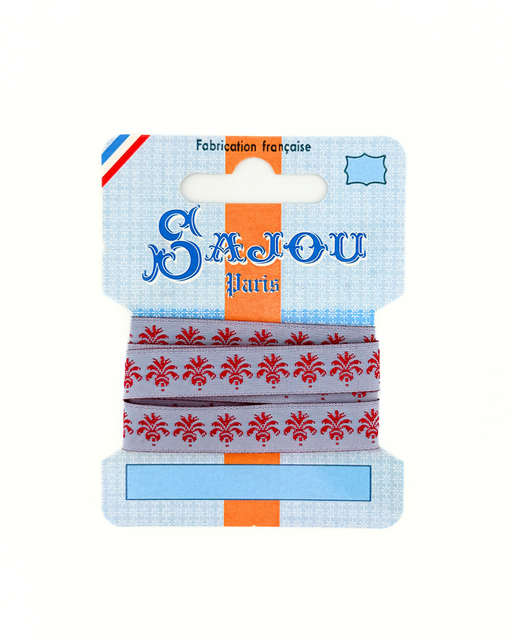 Blue and red Sajou ribbon on a white background