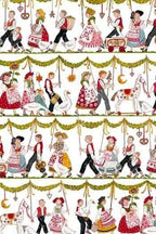 Pattern of people in traditional attire with decorative elements on a white background