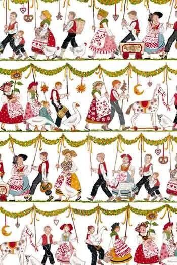Pattern of people in traditional attire with decorative elements on a white background