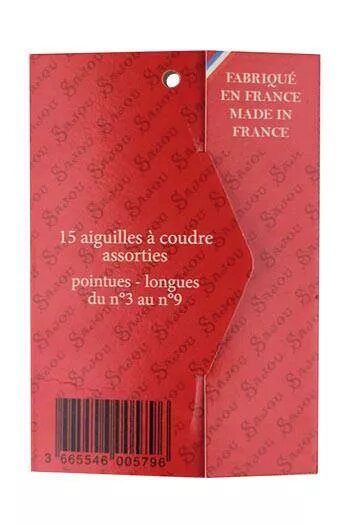Back of red packaging of sewing needles with text indicating 'Made in France'.