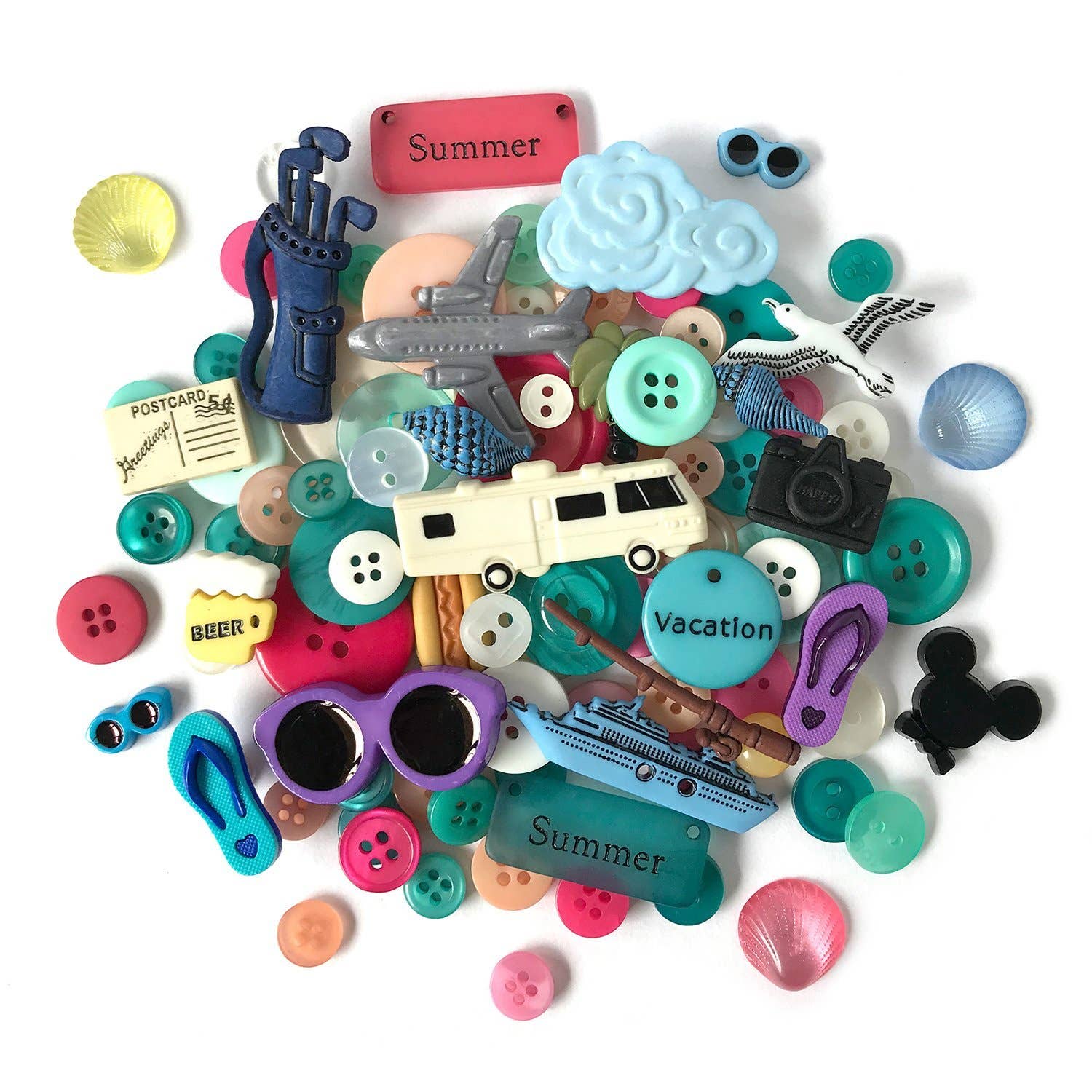 Colorful assortment of summer-themed designed buttons on a white background