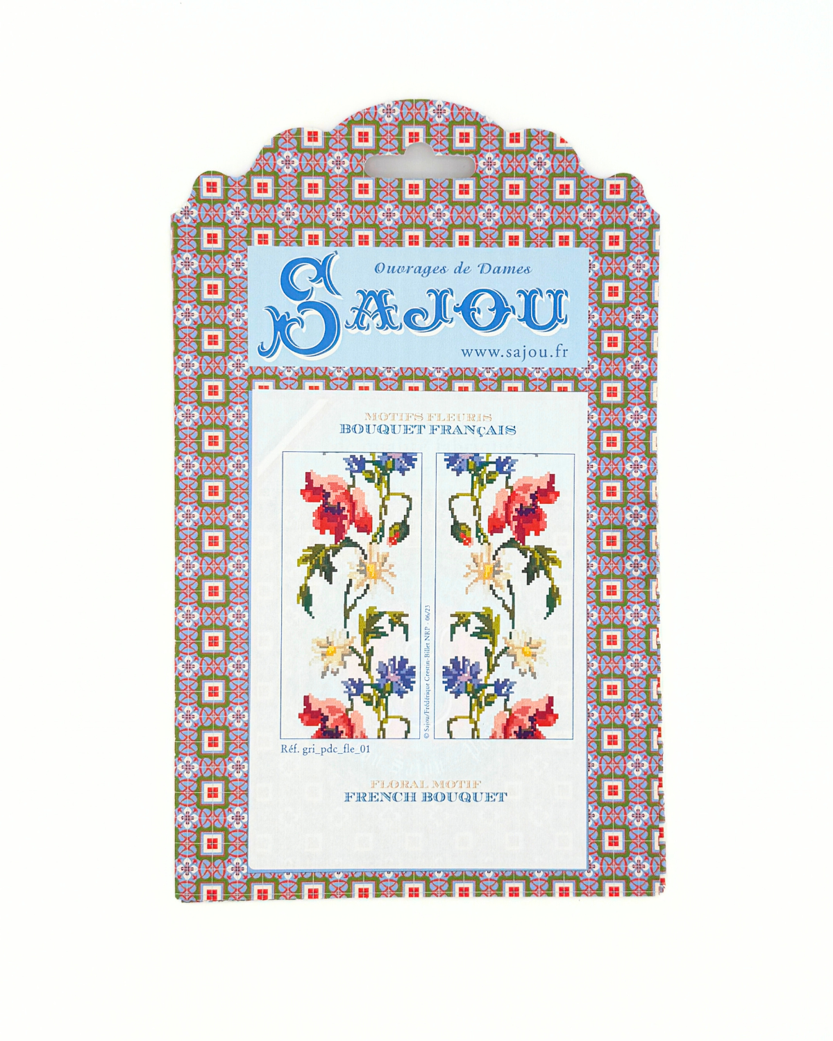 Sajou embroidery kit packaging with floral design and decorative border