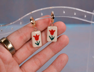 Red Tulip Ceramic Latch Back Hoop Earrings