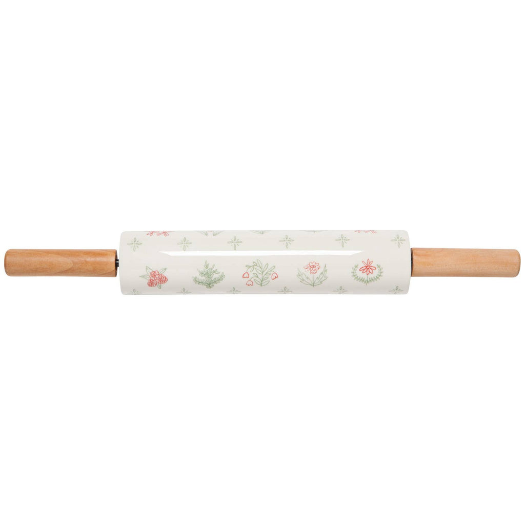 Rolling pin with floral pattern on a white background