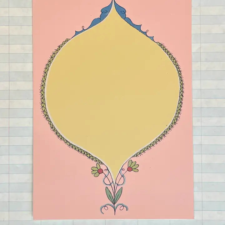 Pink and Yellow Oval card on a checkered background