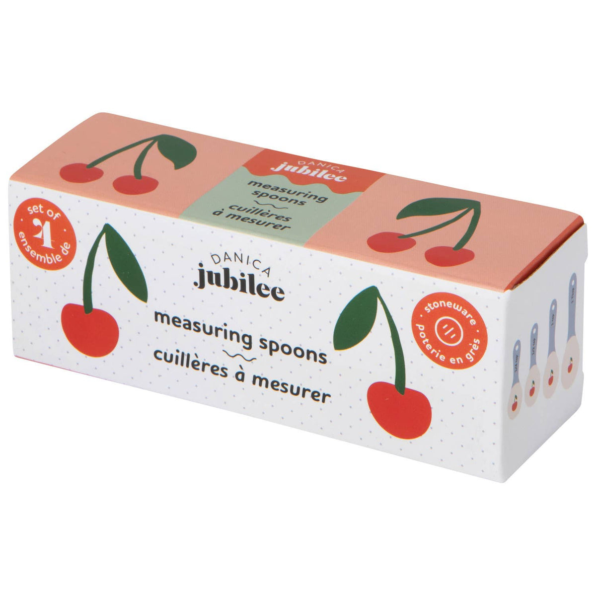 Box of Danica Jubilee measuring spoons with cherry design on a white background