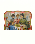 Vintage-style illustration of women at a table with sewing materials on a sewing needle package.