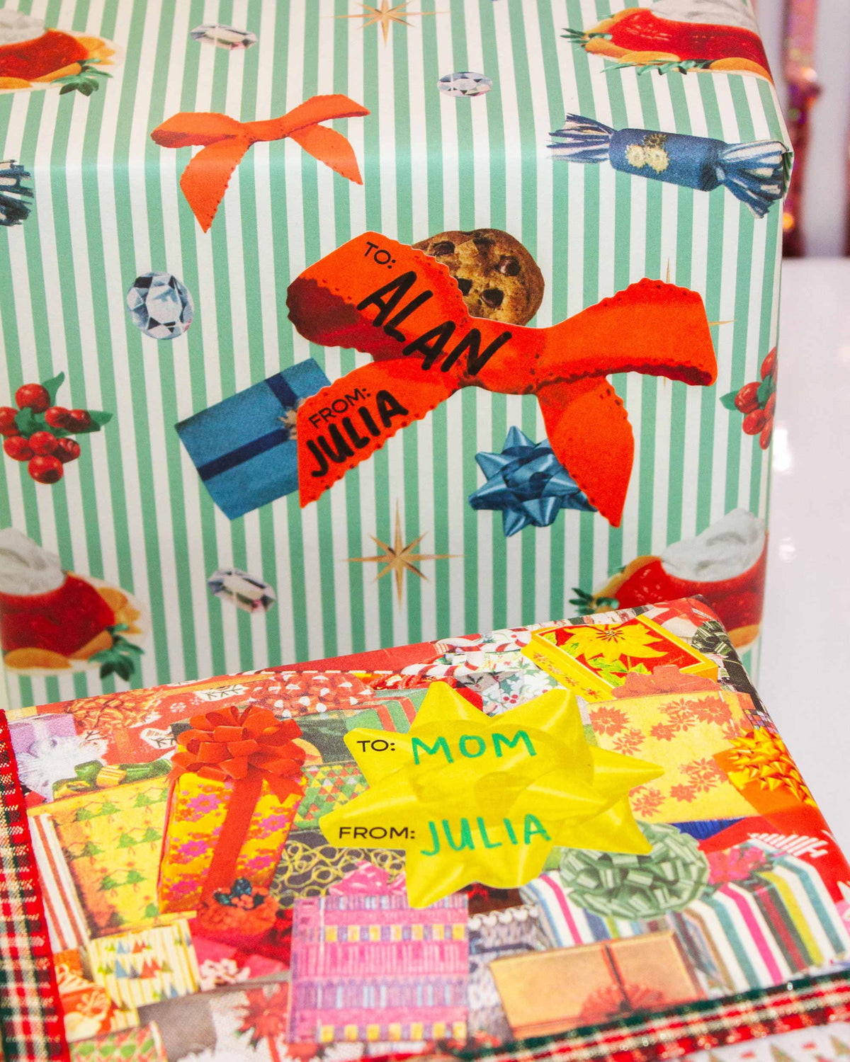 Colorful gift wrap with personalized text on a striped background