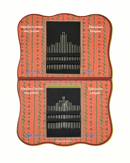 Set of sewing needles in a decorative case with a red border and green patterns.