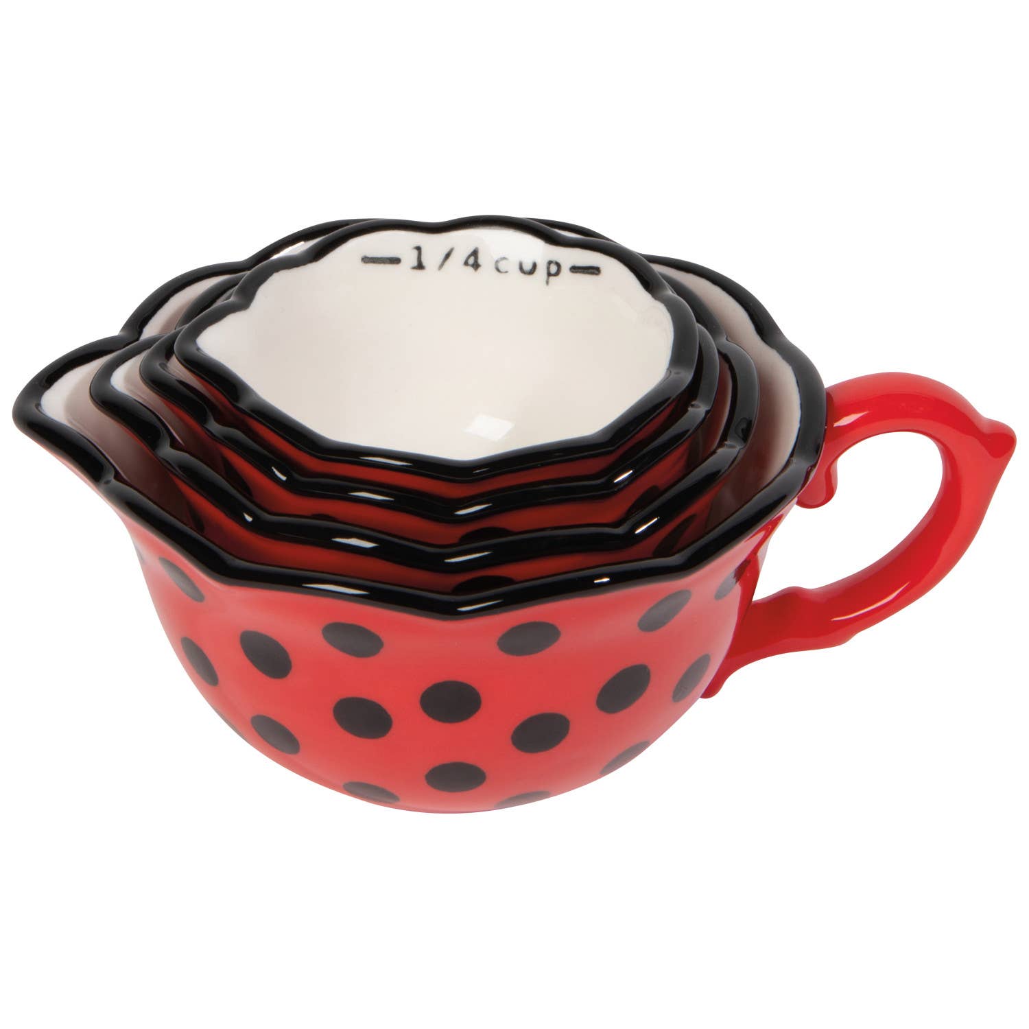 Set of red polka dot measuring cups with black handles on a white background