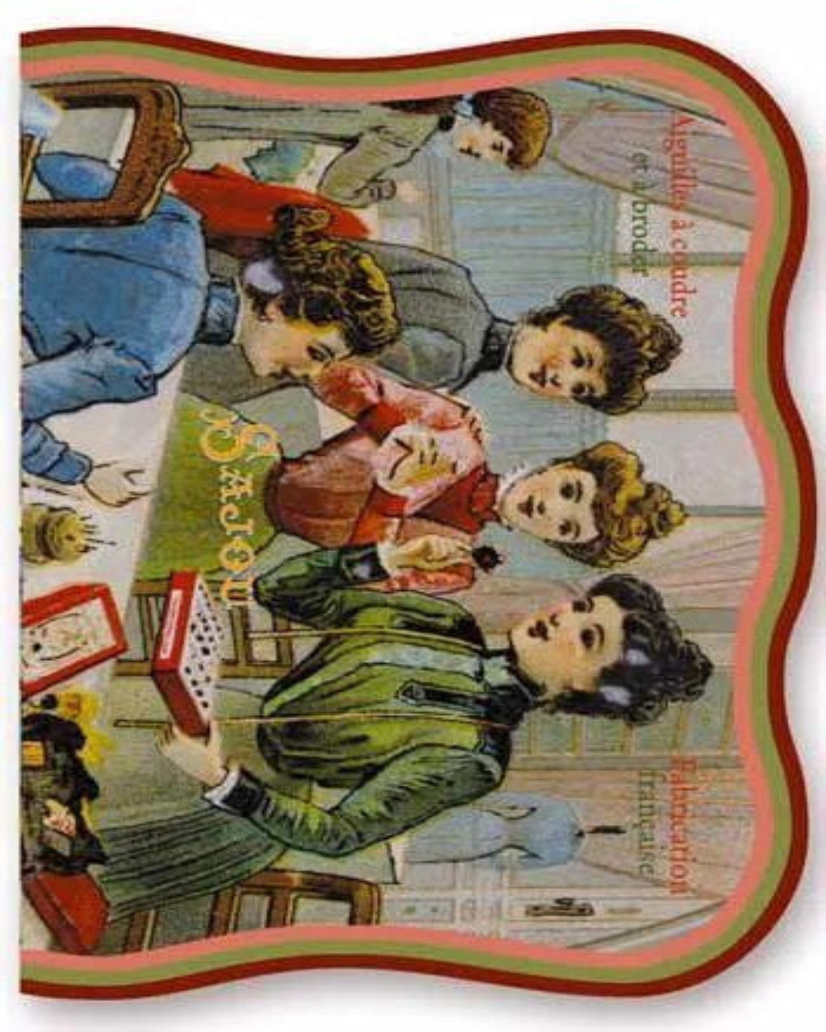 Vintage-style illustration of women in a sewing room with 'Sajou' branding.