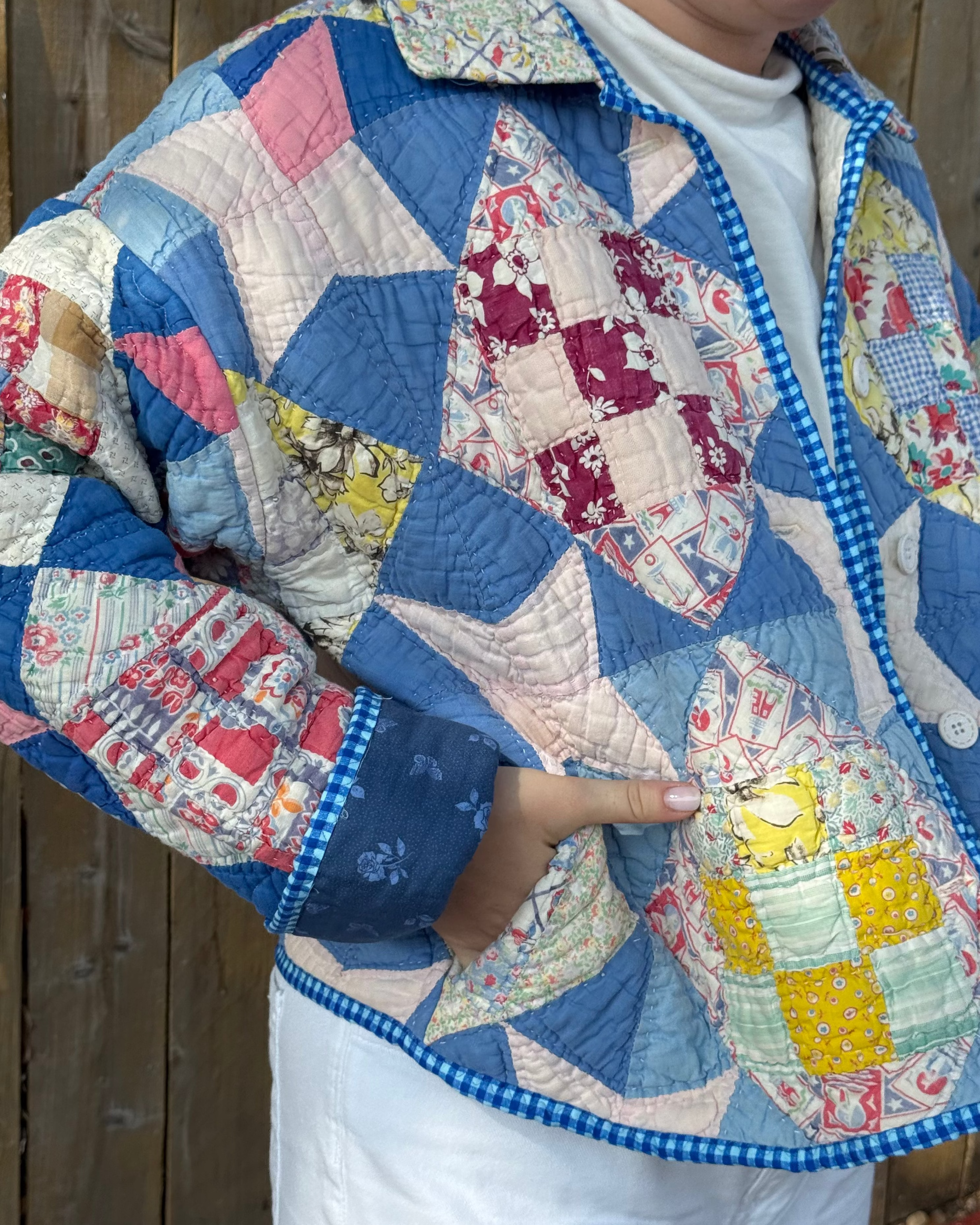 Judy Heirloom Blue Gingham Quilt Button Front Jacket