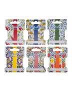 Set of six floral-patterned thread storage on on a white background