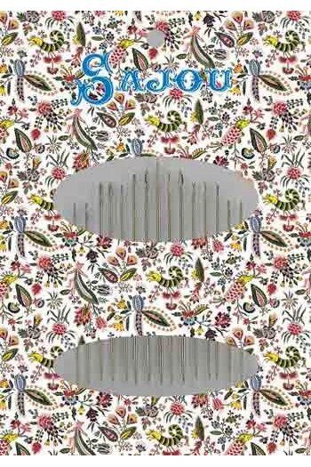 Colorful floral and insect patterned needle booklet with 'Sajou' branding.