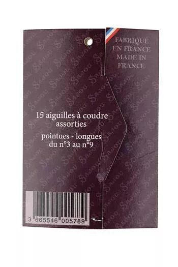 Back of packaging of sewing needles with text and barcode on a white background