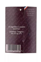Back of packaging of sewing needles with text and barcode on a white background