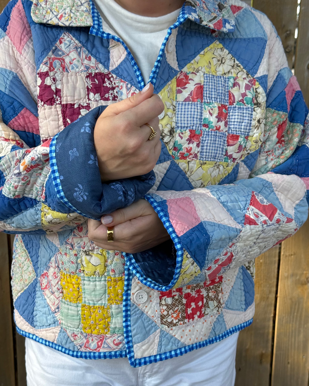 Judy Heirloom Blue Gingham Quilt Button Front Jacket