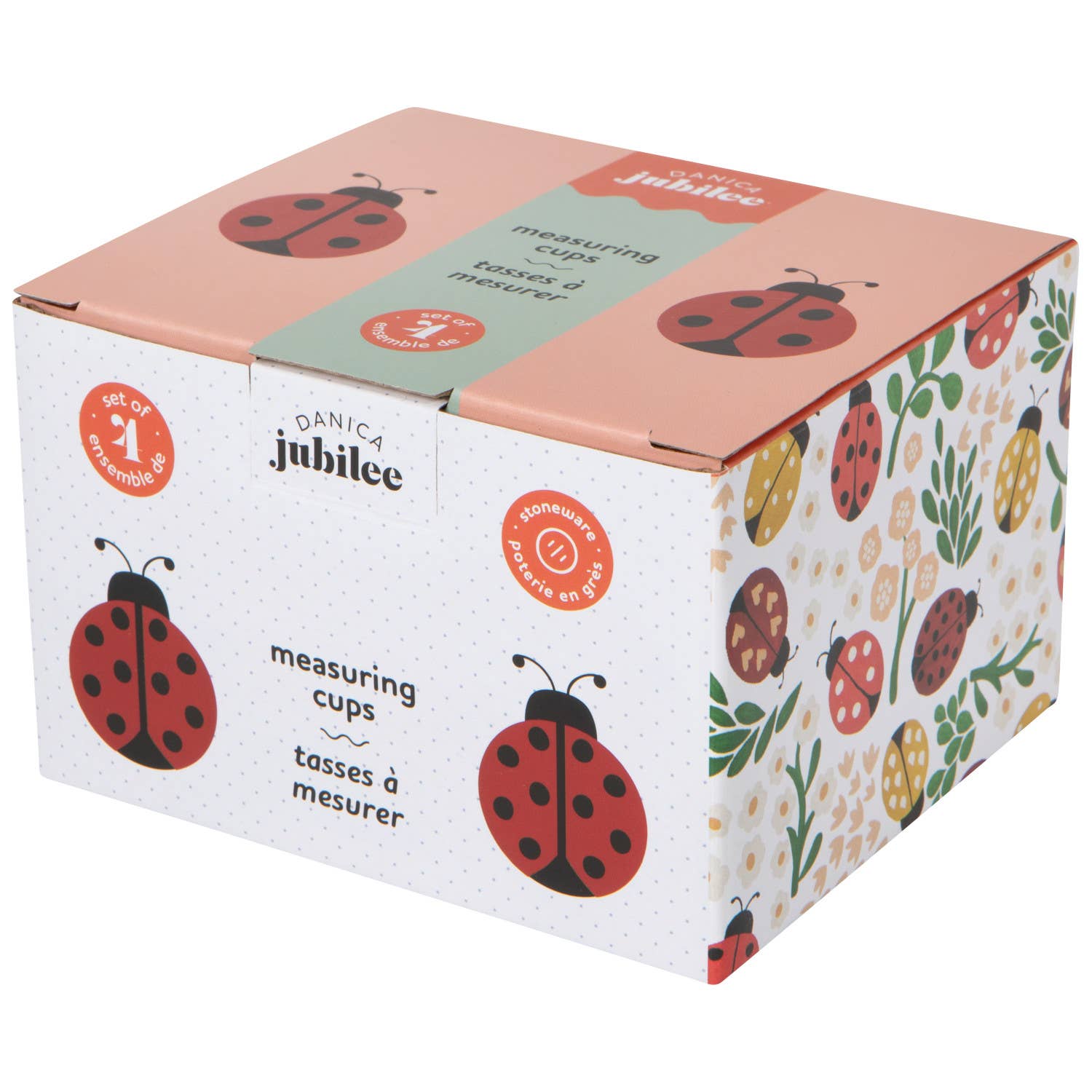Box of Danica Jubilee measuring cups with ladybug design