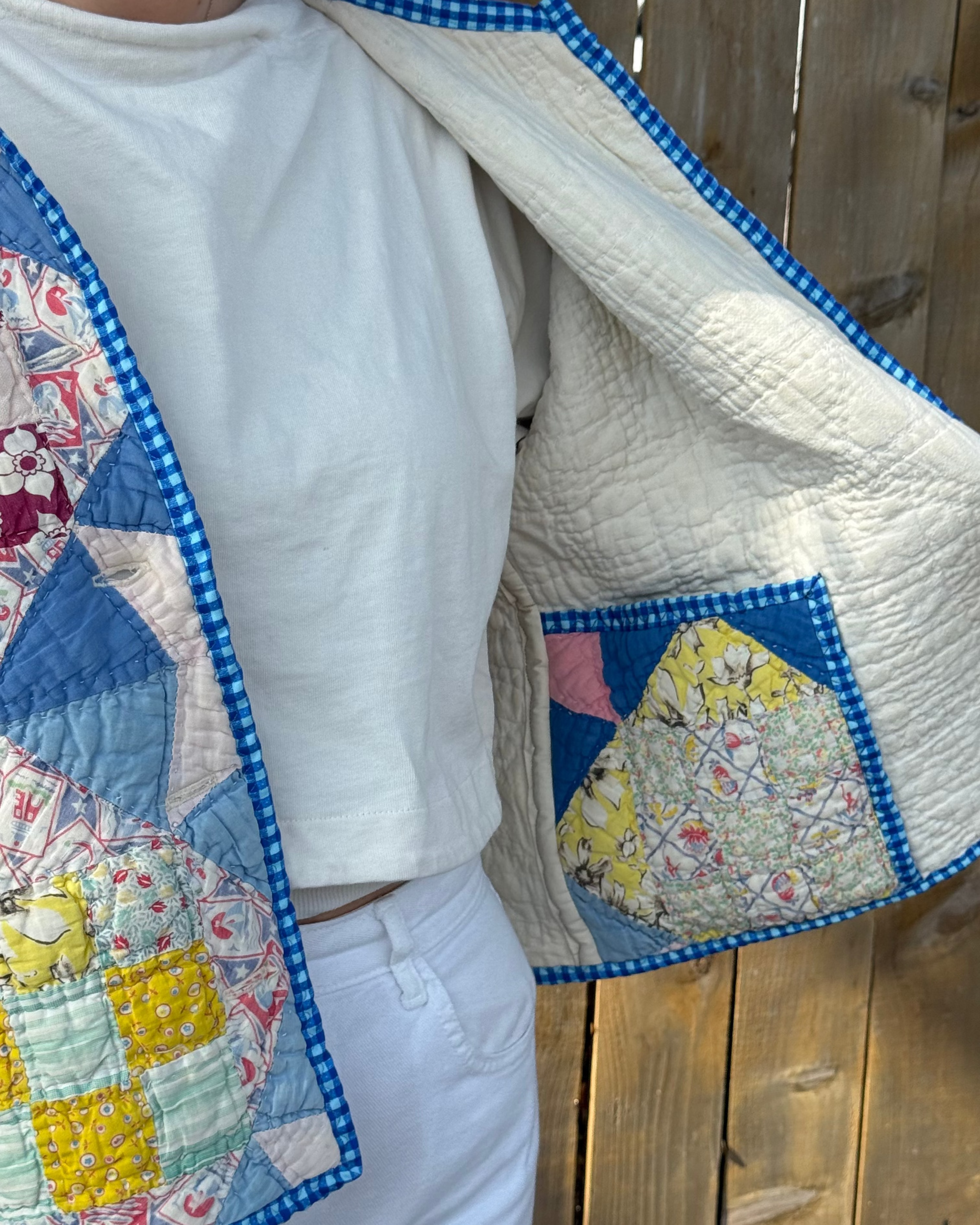 Judy Heirloom Blue Gingham Quilt Button Front Jacket