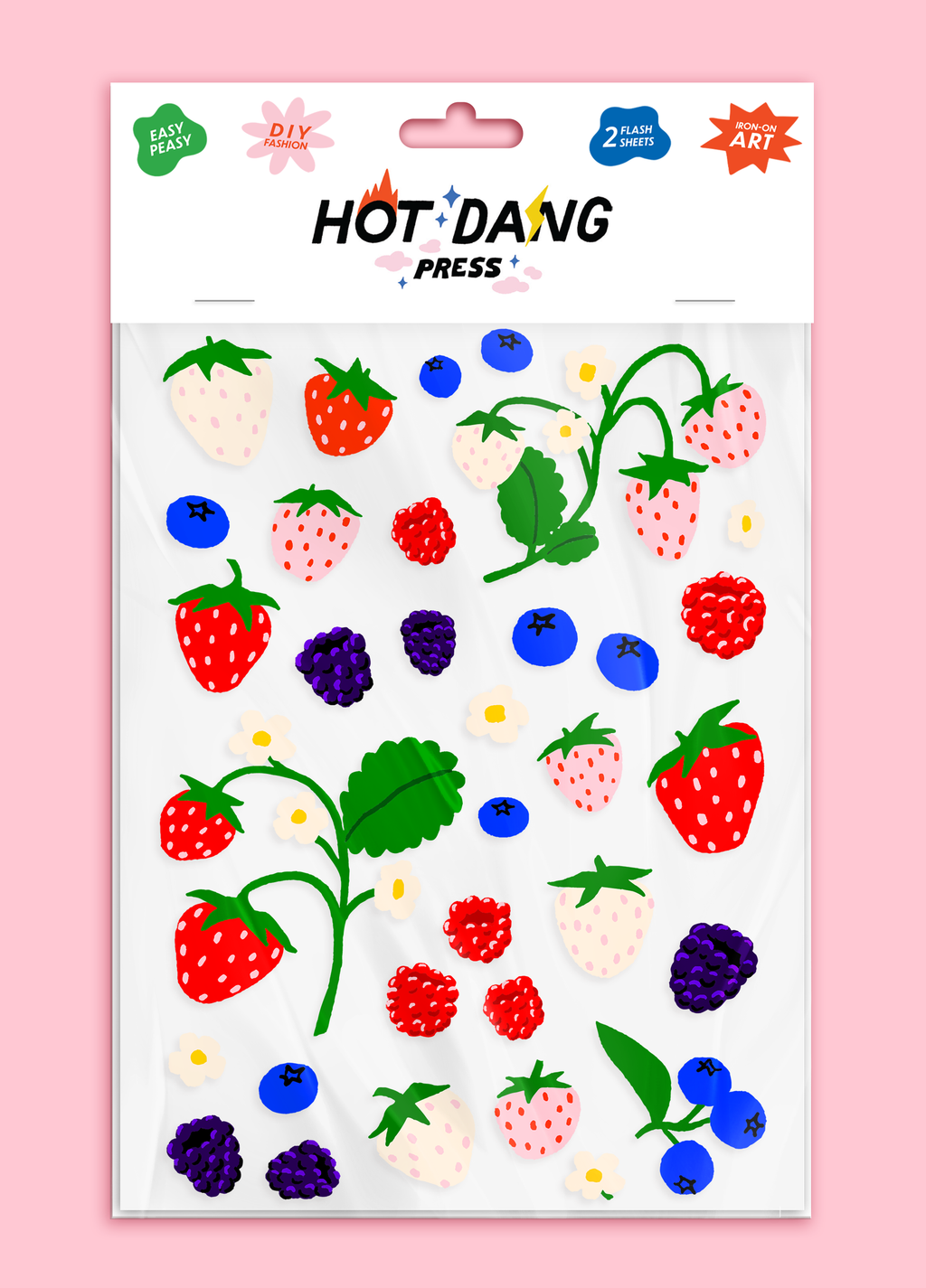 Sheet of fruit-themed fabric stickers by Hot Dang Press on a pink background