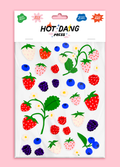 Sheet of fruit-themed fabric stickers by Hot Dang Press on a pink background