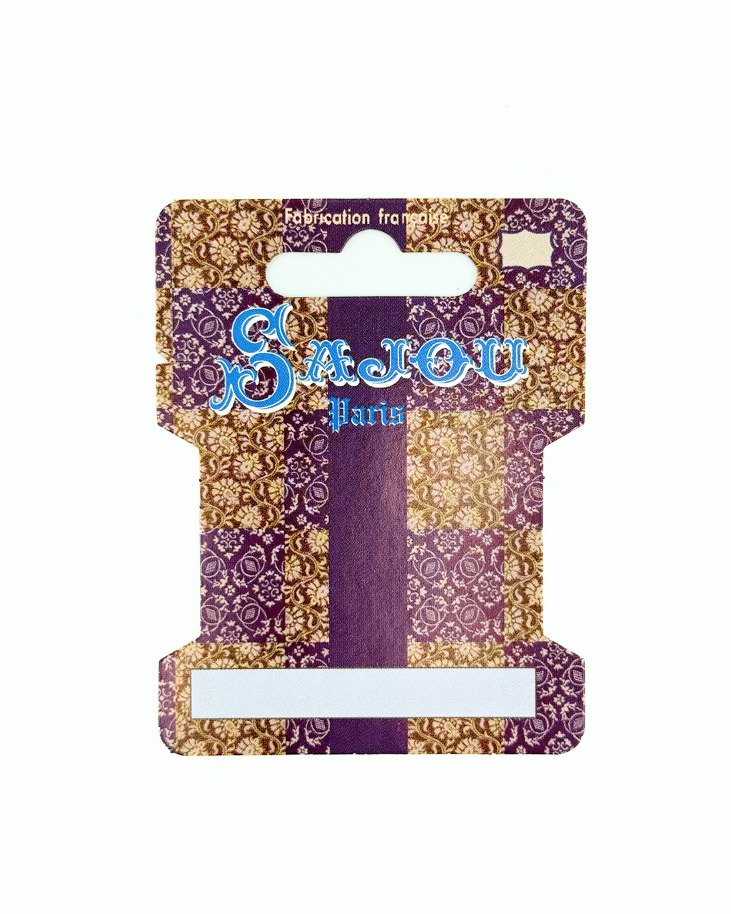 Sajou brand storage thread card with purple and gold pattern on a white background