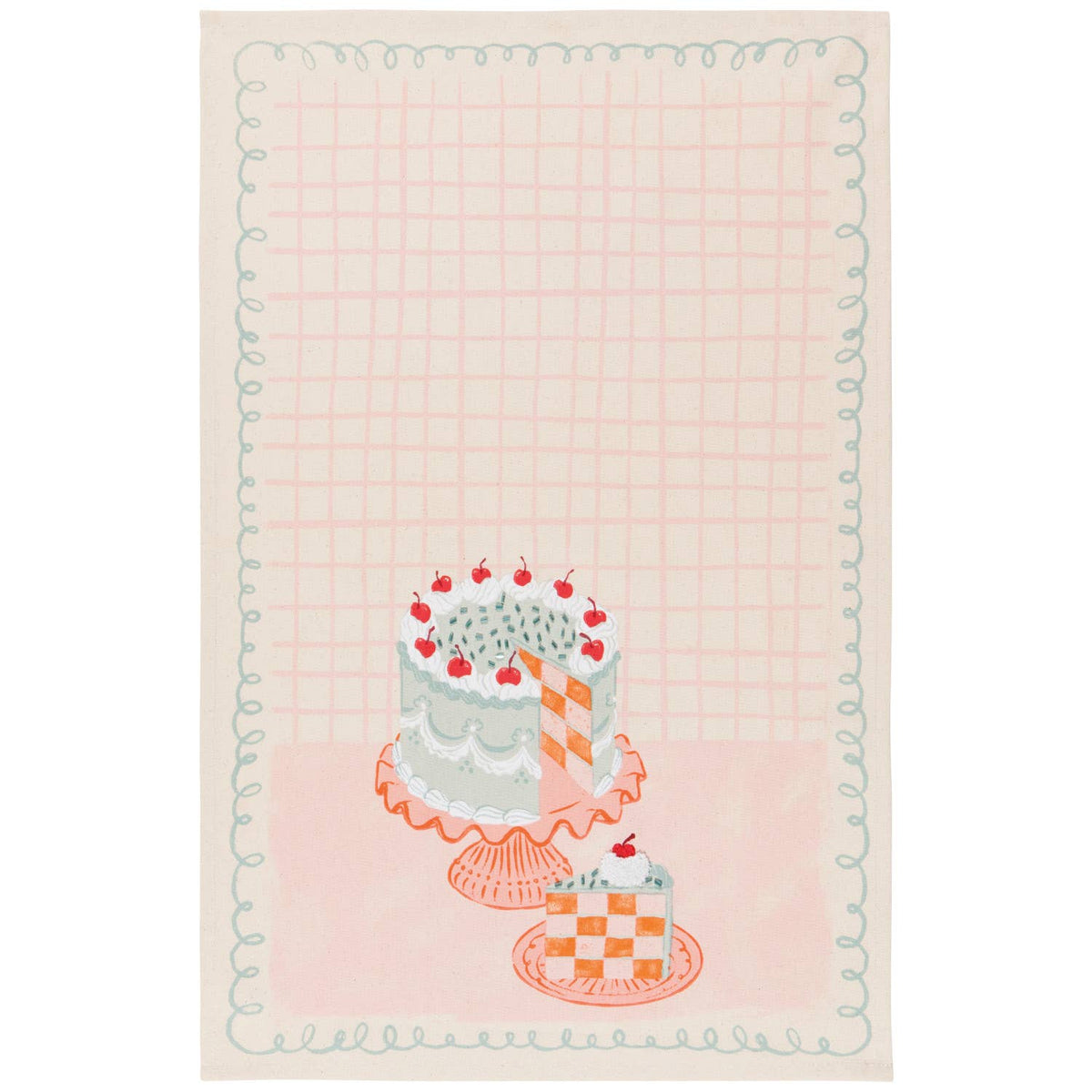 Tea towel with cake illustration on a pink background
