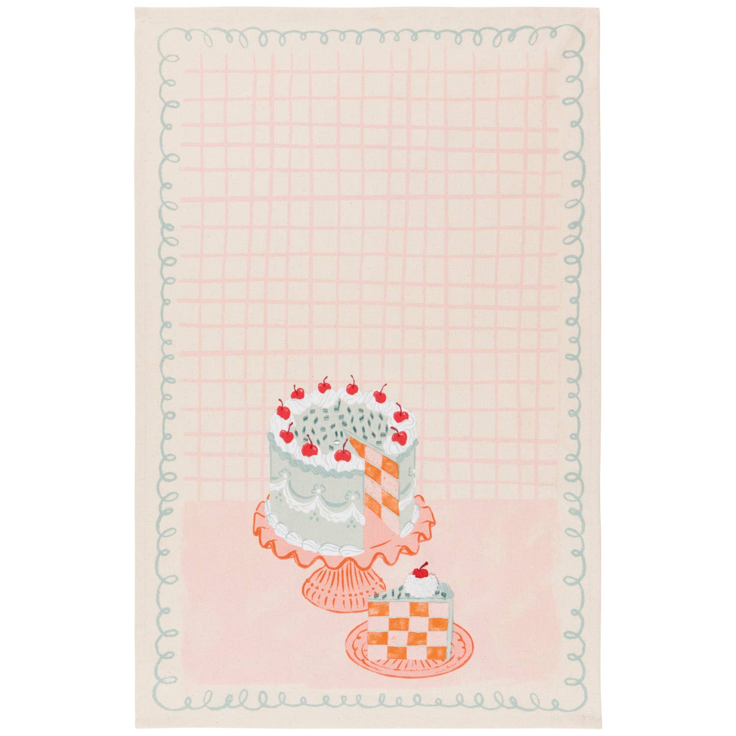 Tea towel with cake illustration on a pink background