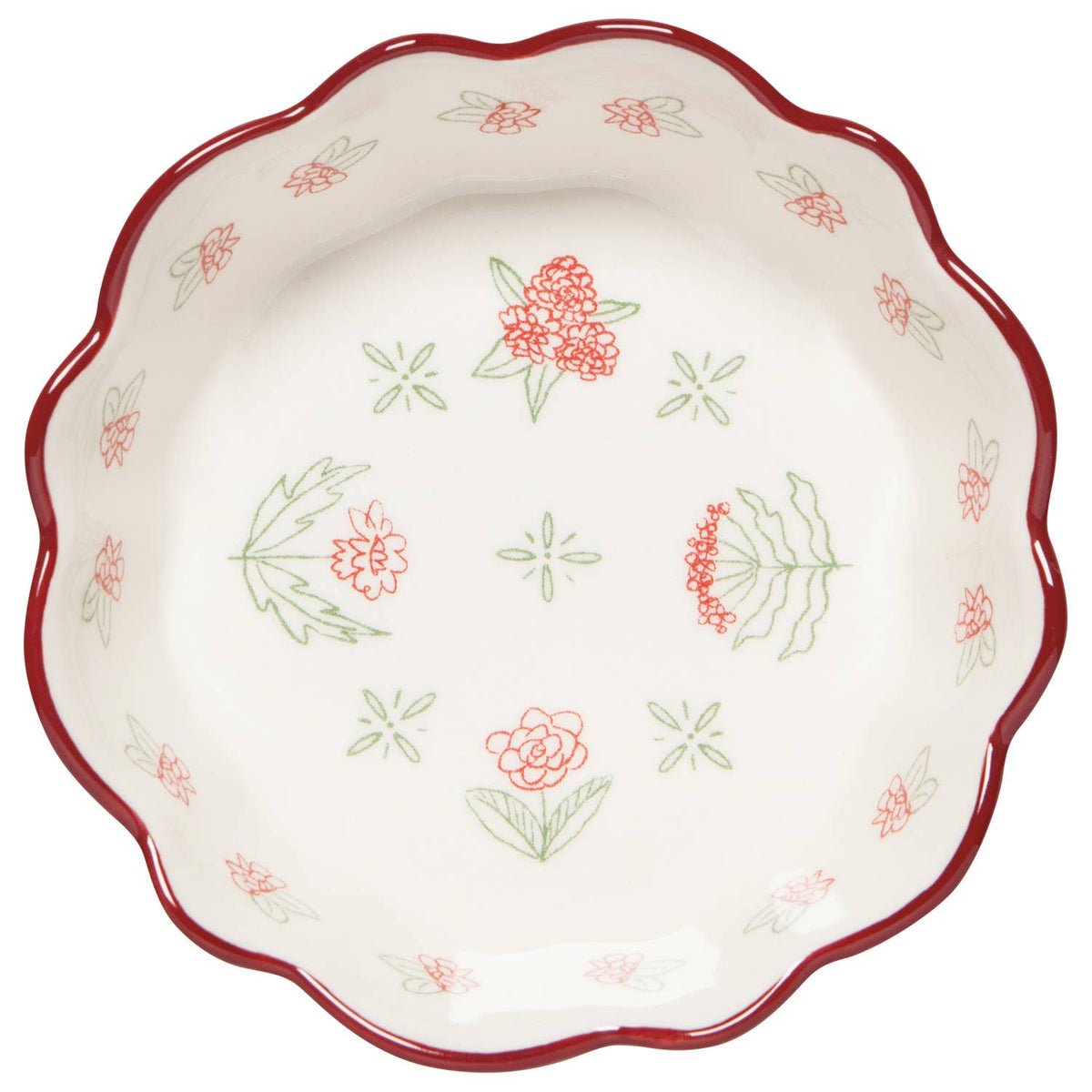 Decorative red and white ceramic dish with floral patterns on a white background