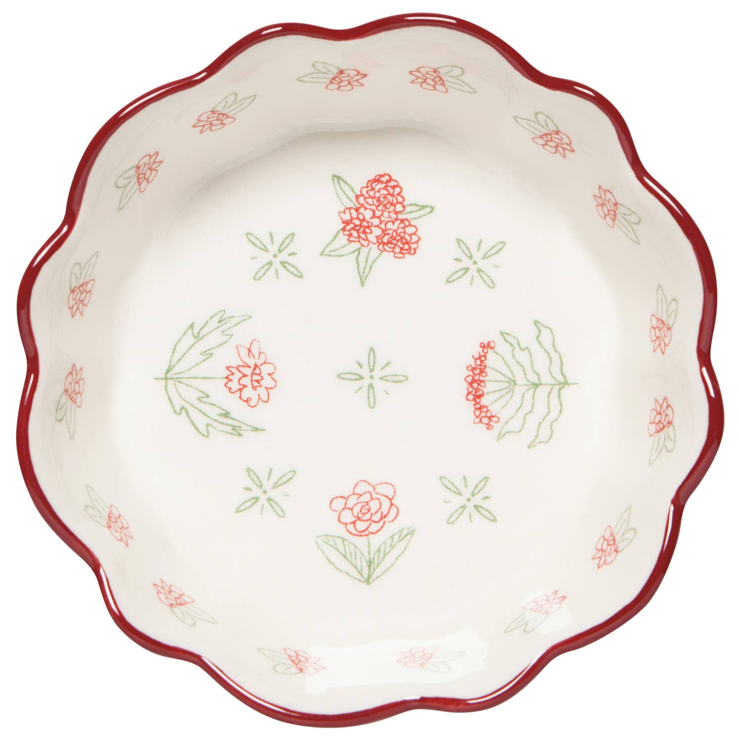 Decorative red and white ceramic dish with floral patterns on a white background