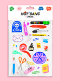 Sheet of colorful fabric stickers of stationery items a on a pink background