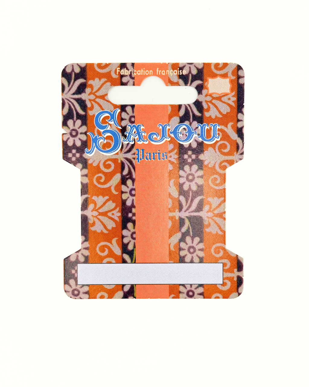 Sajou brand storage thread card with orange and purple pattern on a white background