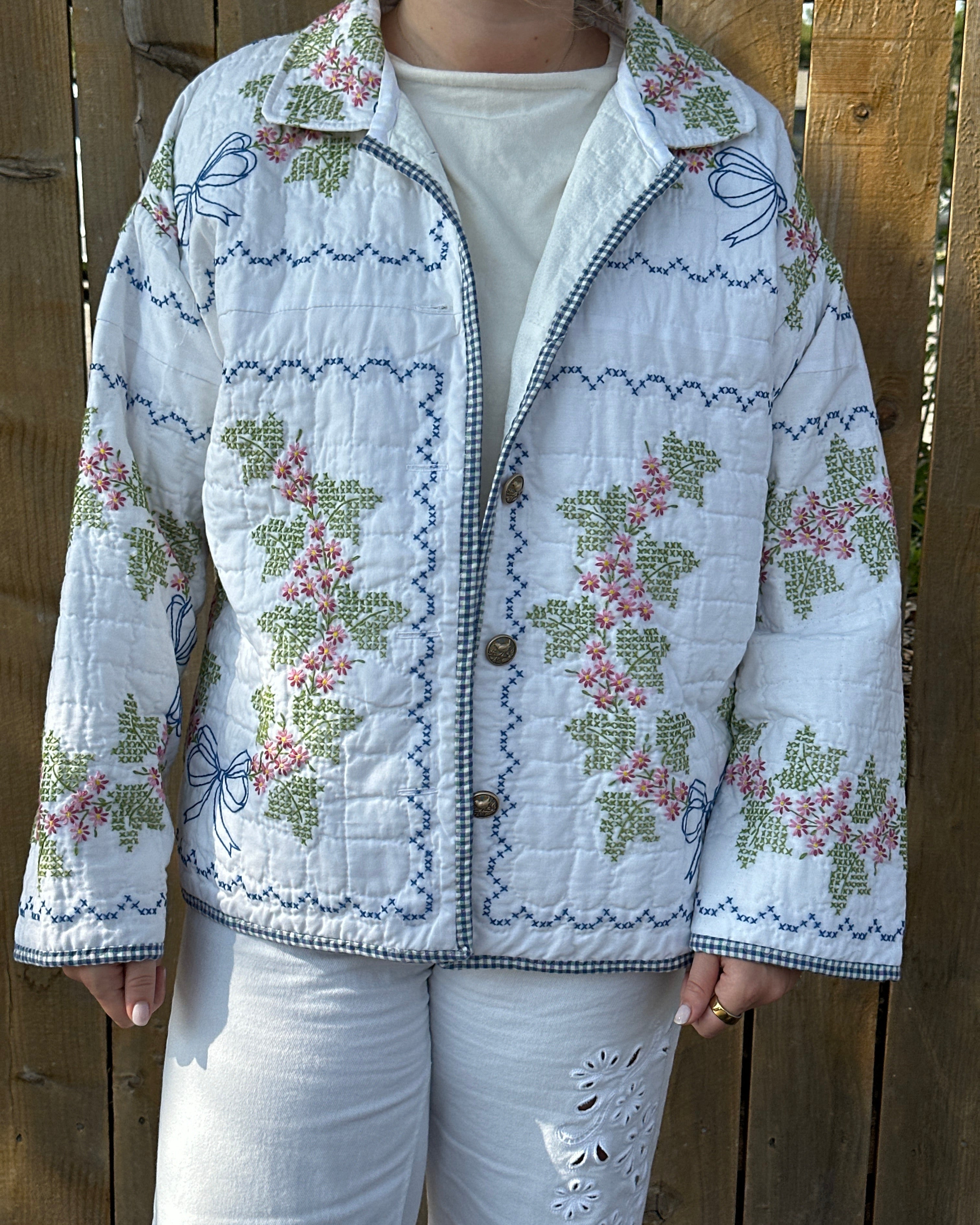 Judy Heirloom Grandma's Garden Gingham Trim Button Front Jacket