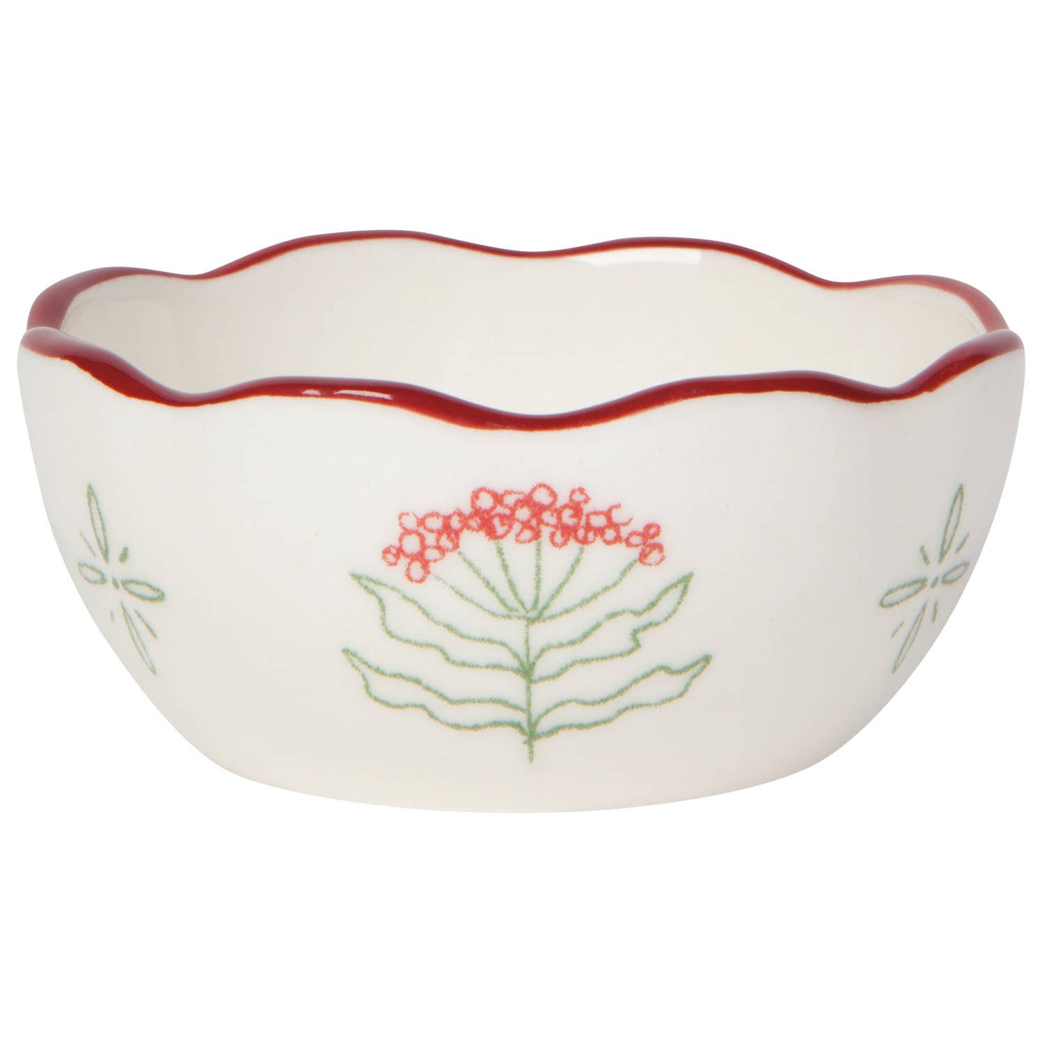 Decorative ceramic bowl with red rim and floral patterns on a white background